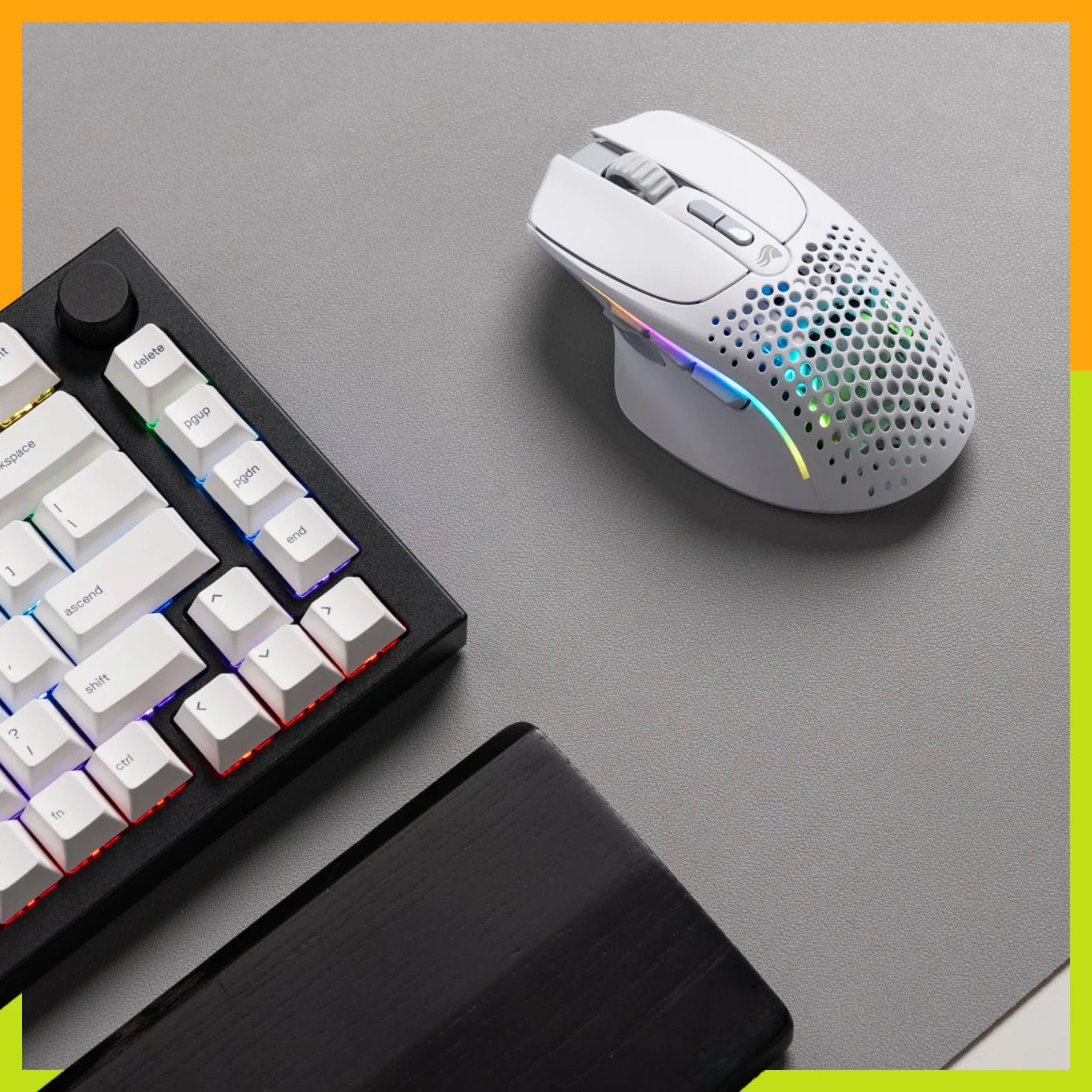 Model I 2 Wireless in White in a black and white desk setup